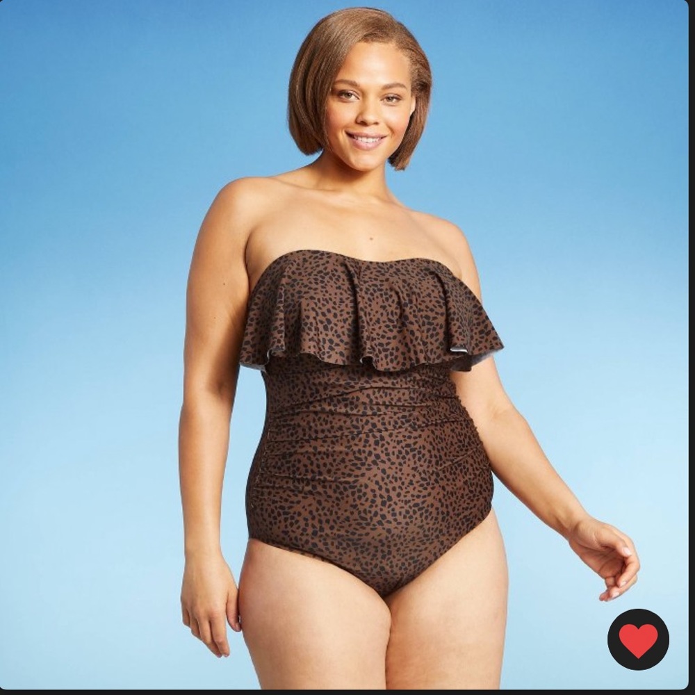 NWOT Plus Size Bandeau Flounce High Coverage One Piece Swimsuit Leopard Print